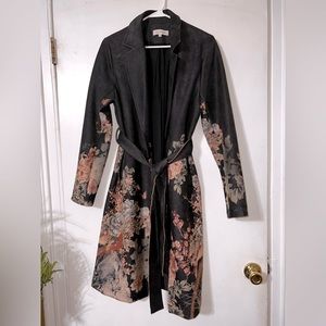 Solitaire | Brown & floral faux suede open front long line jacket Medium